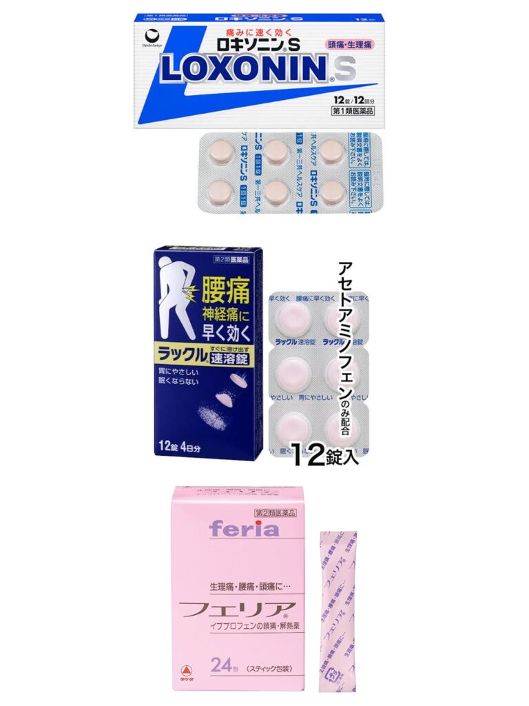ロキソニンS、ラックル、フェリアの商品パッケージ画像