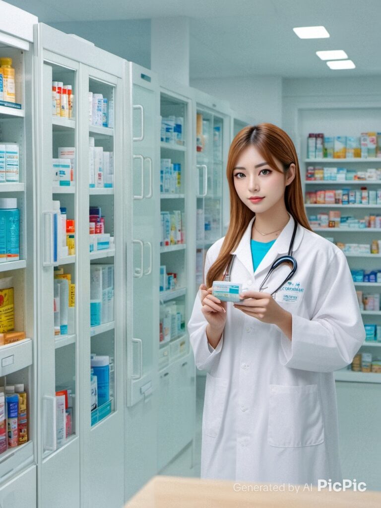 薬局で働く女性スタッフ・医療職のイメージ（架空のオリジナルAI生成イラスト）