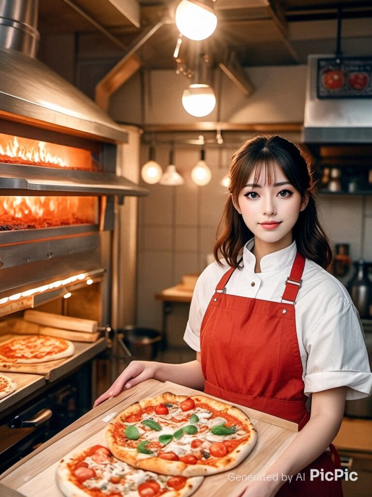 ピザを焼く女性スタッフ・飲食店の厨房シーン（架空のオリジナルAI生成イラスト）