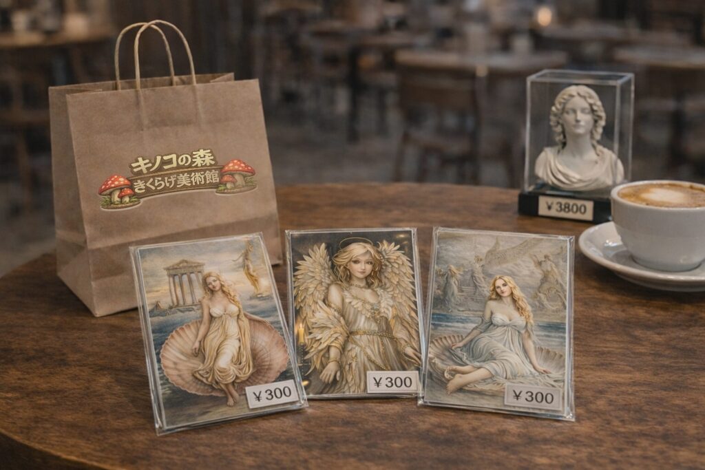 美術館で購入した美術館ポストカード3枚を喫茶店のテーブルで開封した様子 美術館で購入した美術館ポストカード3枚を喫茶店のテーブルで開封した様子