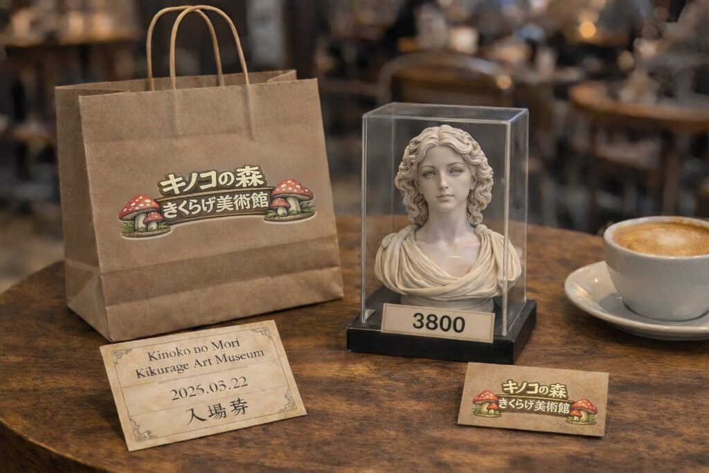 美術館で購入した美術館の胸像フィギュアと入場券をテーブルに置いた様子 美術館で購入した美術館の胸像フィギュアと入場券をテーブルに置いた様子