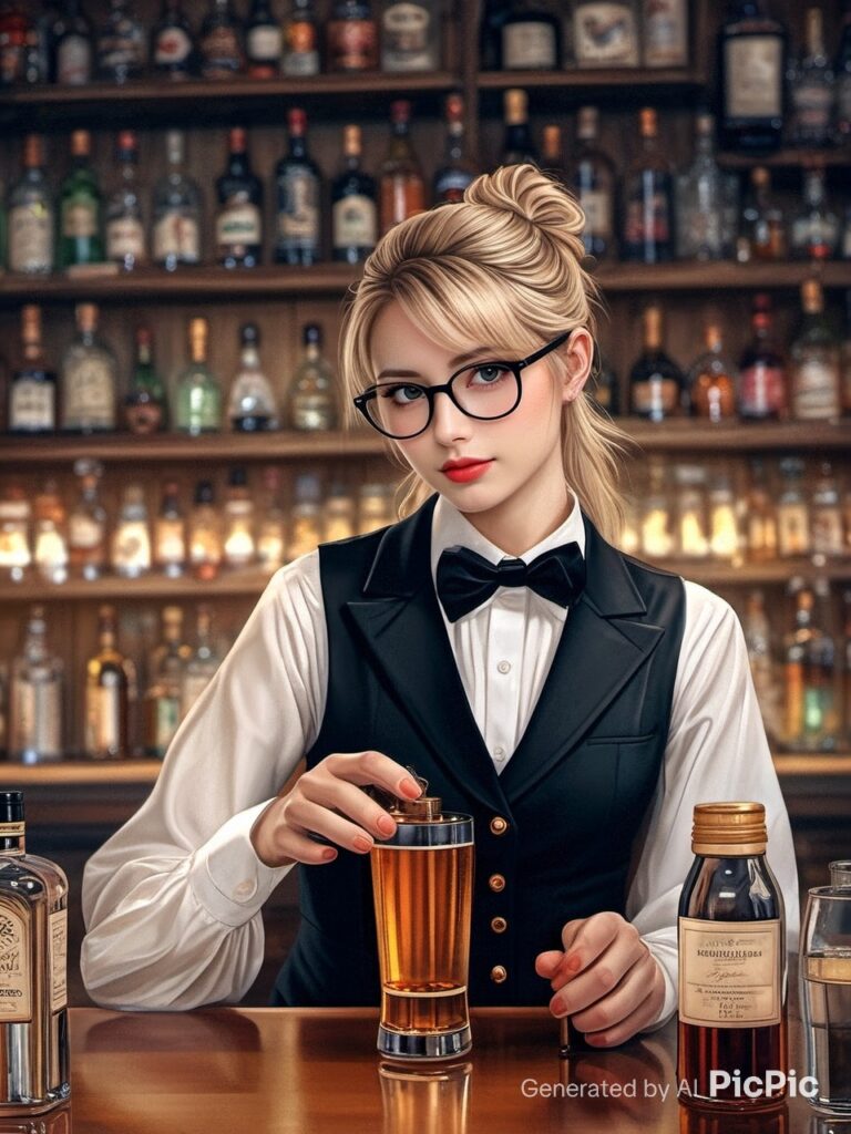 バーで働く女性・カクテルを提供するシーン（架空のオリジナルAI生成イラスト）