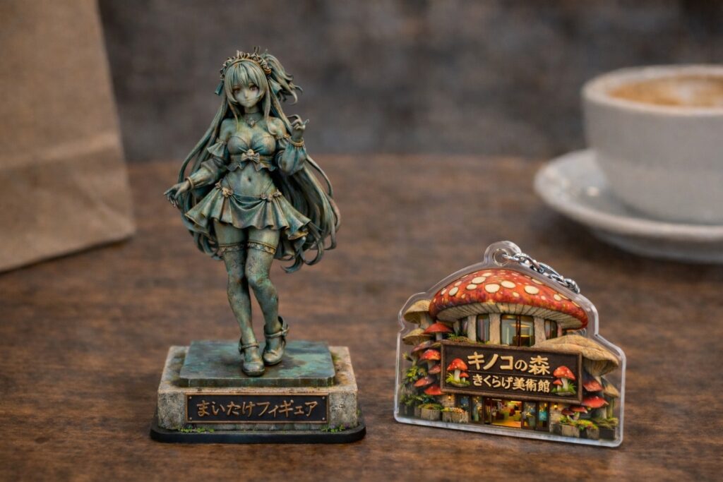 美術館で購入したまいたけフィギュアと美術館キーホルダー 美術館で購入したまいたけフィギュアと美術館キーホルダー