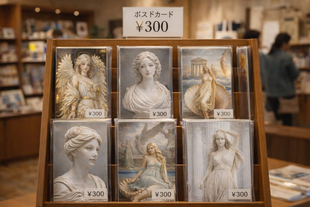 まいたけ像、女性絵画、女性彫刻のポストカードラック(創作オリジナル) まいたけ像、女性絵画、女性彫刻のポストカードラック(創作オリジナル)