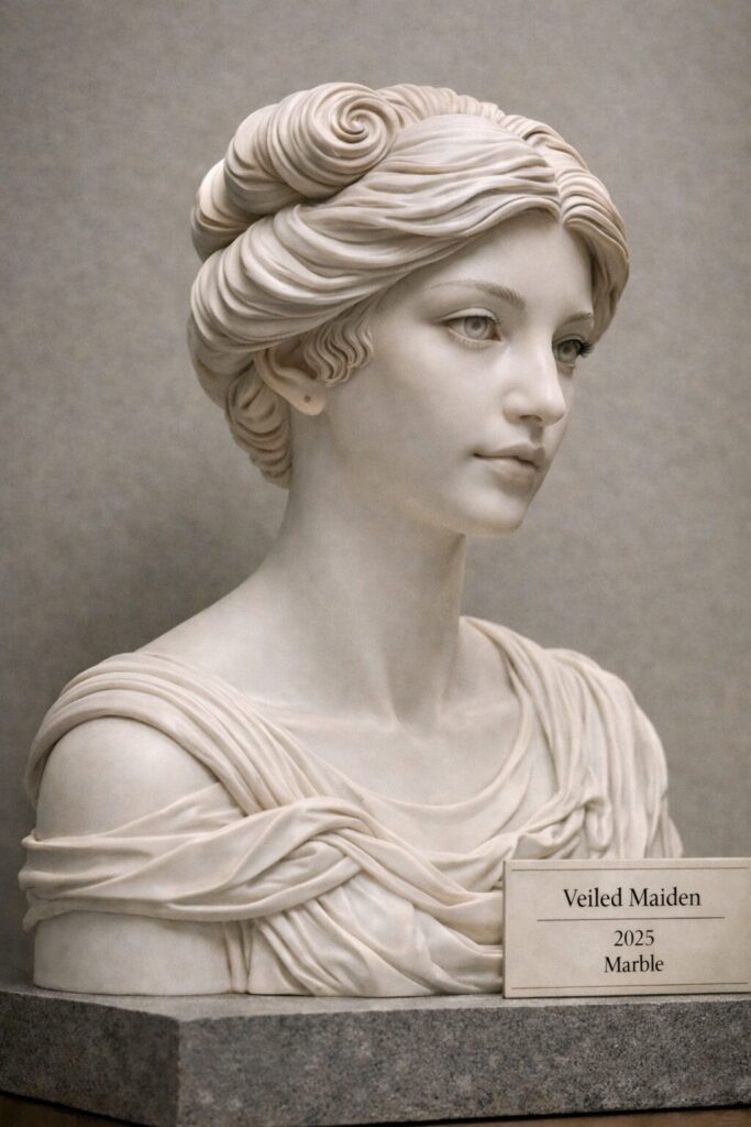 まいたけ胸像、白大理石風の女性彫刻作品、学芸員記録写真風(創作オリジナル) まいたけ胸像、白大理石風の女性彫刻作品、学芸員記録写真風(創作オリジナル)