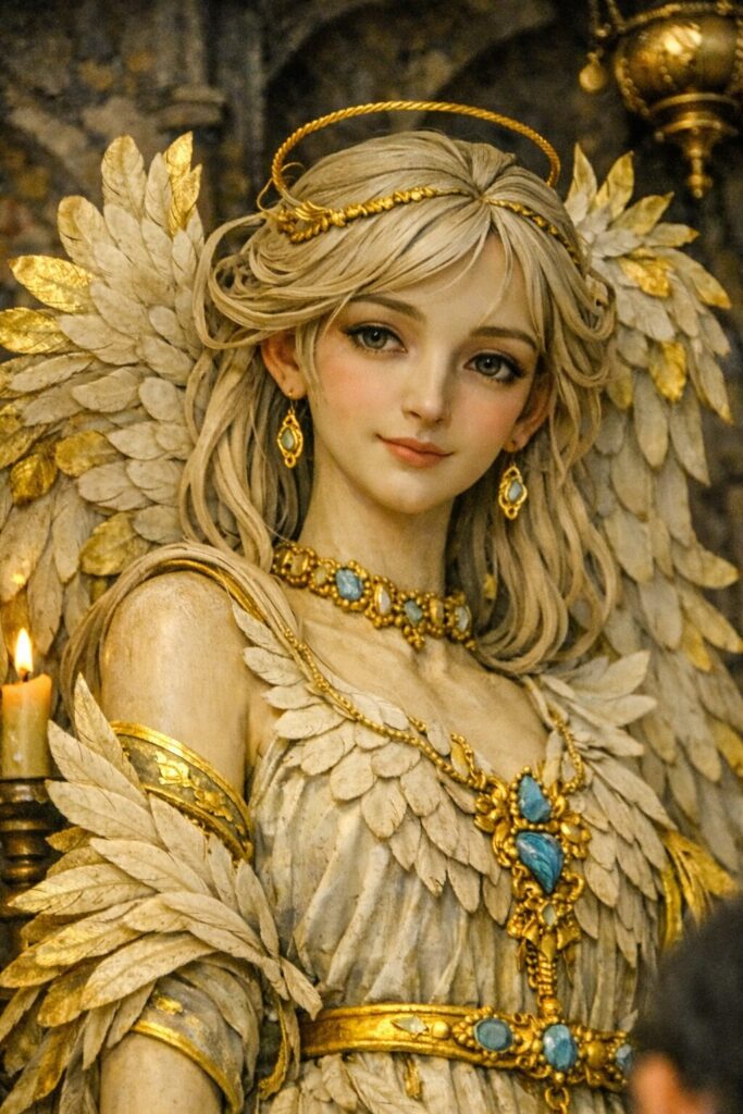 まいたけ彩色木彫像、翼と装飾を持つ女性像、顔フォーカスズーム撮影版(創作オリジナル) まいたけ彩色木彫像、翼と装飾を持つ女性像、顔フォーカスズーム撮影版(創作オリジナル)