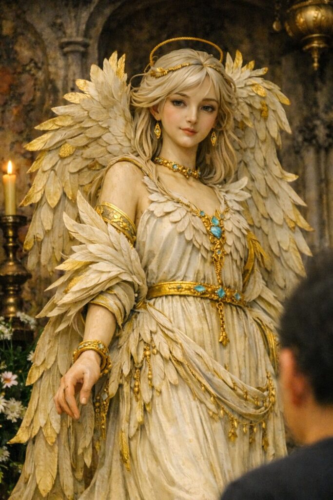 まいたけ彩色木彫像、翼と装飾を持つ女性像、上半身撮影版(創作オリジナル) まいたけ彩色木彫像、翼と装飾を持つ女性像、上半身撮影版(創作オリジナル)