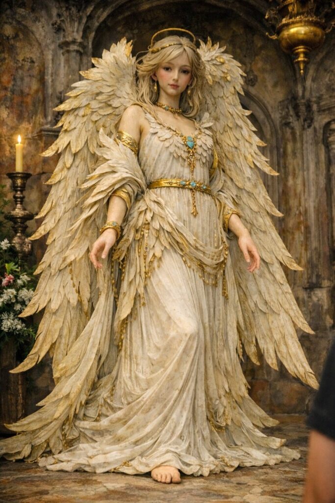 まいたけ彩色木彫像、翼と装飾を持つ女性像、全身撮影版(創作オリジナル) まいたけ彩色木彫像、翼と装飾を持つ女性像、全身撮影版(創作オリジナル)