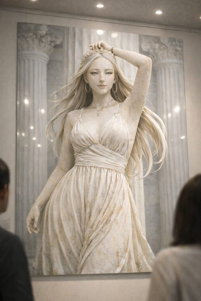 まいたけ像、白大理石風の女性彫刻作品のパネル風(創作オリジナル) まいたけ像、白大理石風の女性彫刻作品のパネル風(創作オリジナル)